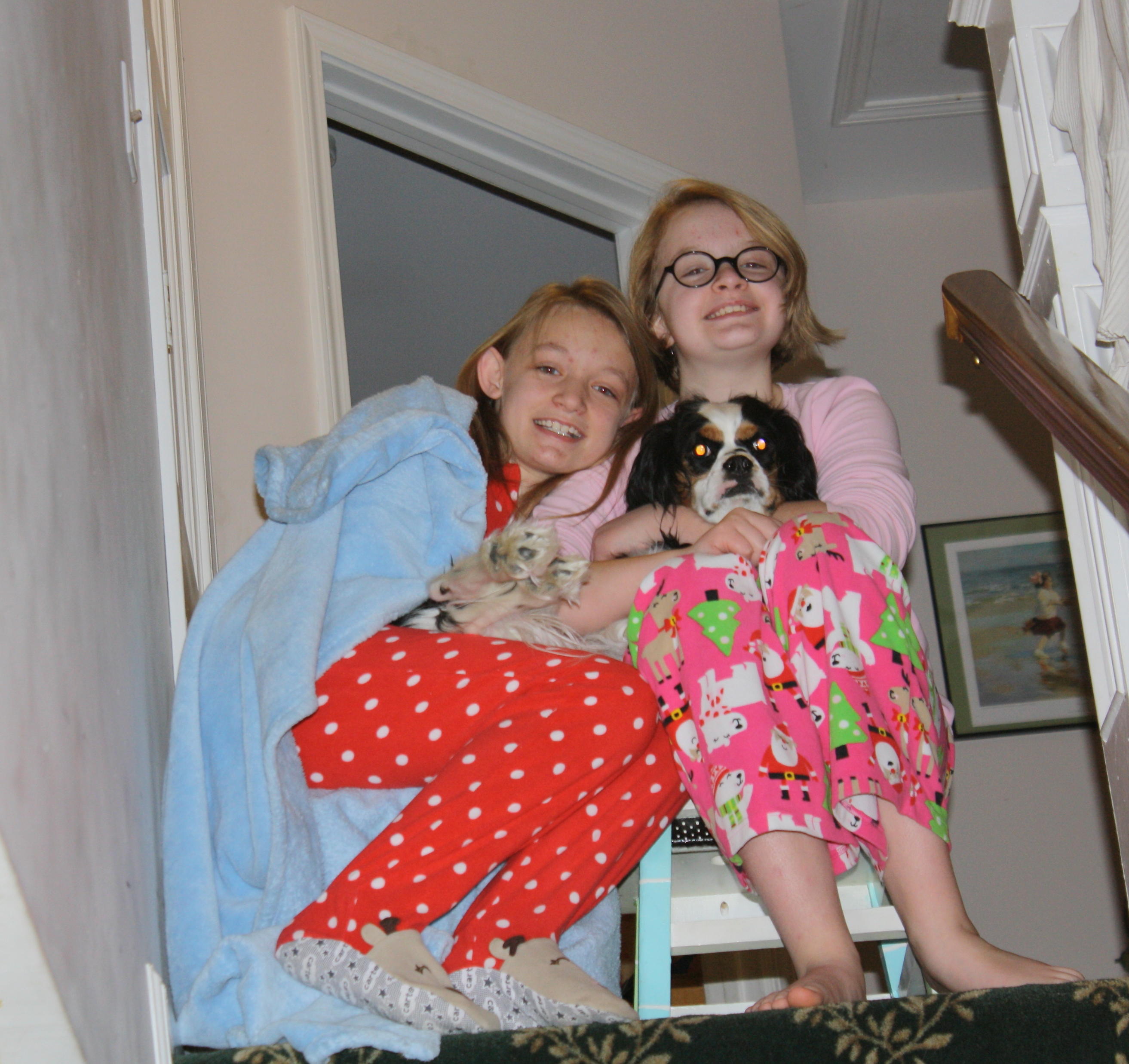 2013-12-25 Cate Jane Gussie on stairs.jpg